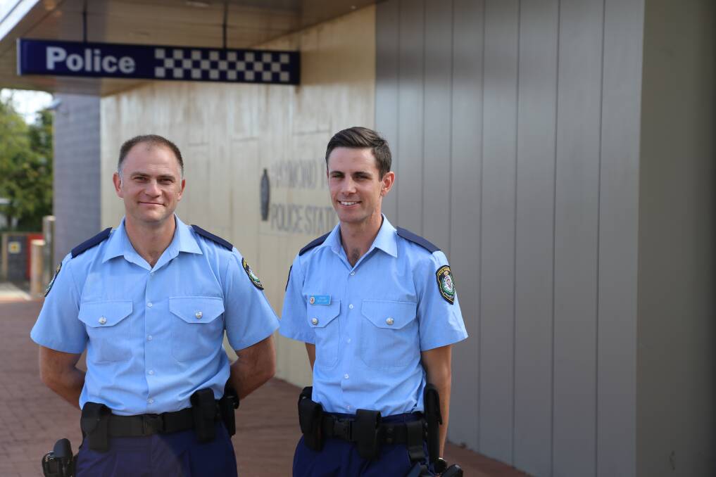 Probationary constables Fred Saba and Kodi Lane at Raymond Terrace Police Station on Monday - their first day on the job. Picture: Ellie-Marie Watts