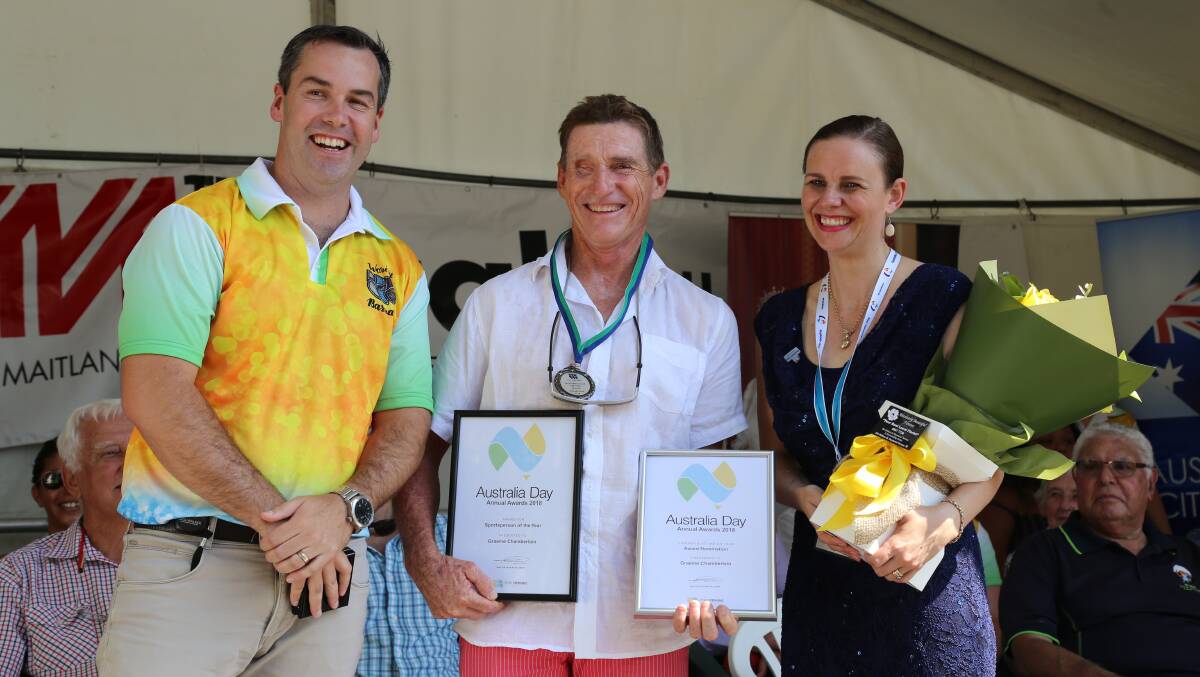 Port Stephens Mayor Ryan Palmer with Sportsperson of the Year Graeme Chamberlain and Port Stephens Australia Day Ambassador Kathy Rimmer.