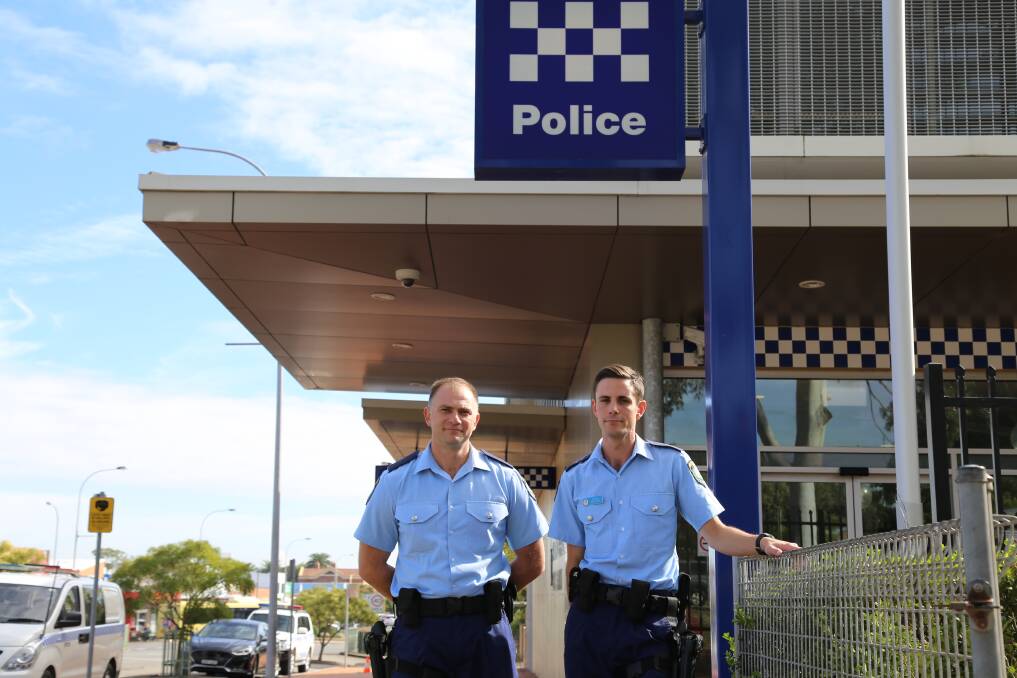 WELCOME: Probationary constables Fred Saba and Kodi Lane at Raymond Terrace Police Station on Monday - their first day on the job. Picture: Ellie-Marie Watts
