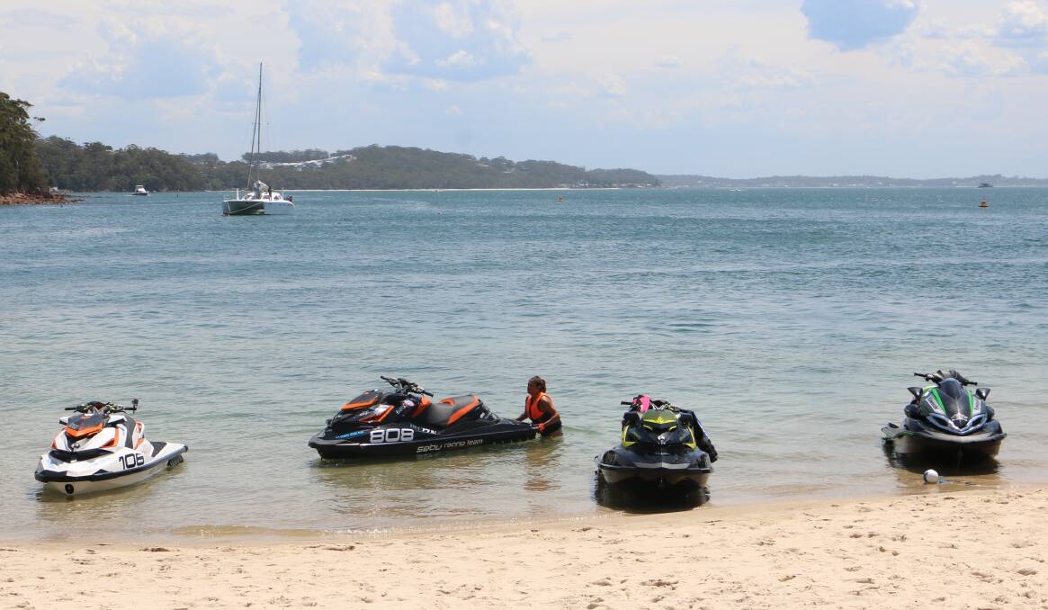 Jetskis lined up at Little Beach, Nelson Bay in December 2017. Jetskis have been popular on the Port's waterways during the summer holiday period. Picture: Ellie-Marie Watts