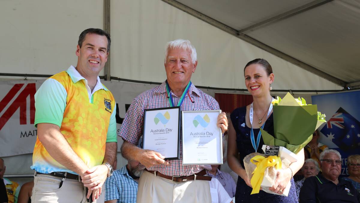 Port Stephens Mayor Ryan Palmer with Cultural Endeavour Award recipient  Mike Francis and Port Stephens Australia Day Ambassador Kathy Rimmer.