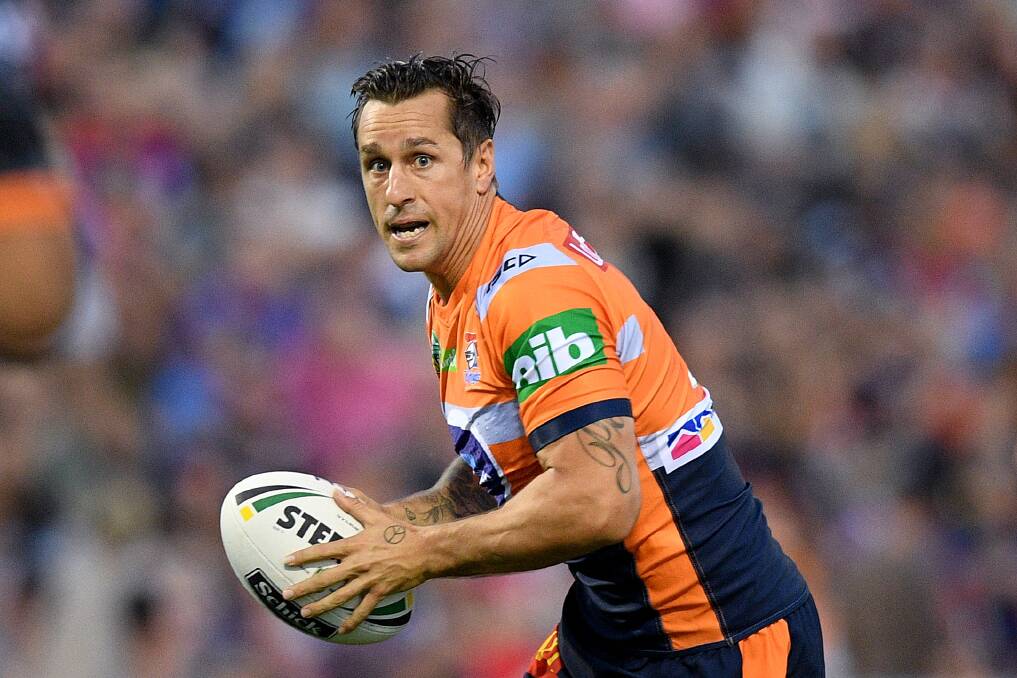 Mitchell Pearce of the Knights looks to pass the ball during the Round 7 NRL match between the Wests Tigers and the Newcastle Knights on April 21, 2018. Picture: AAP Image/Dan Himbrechts