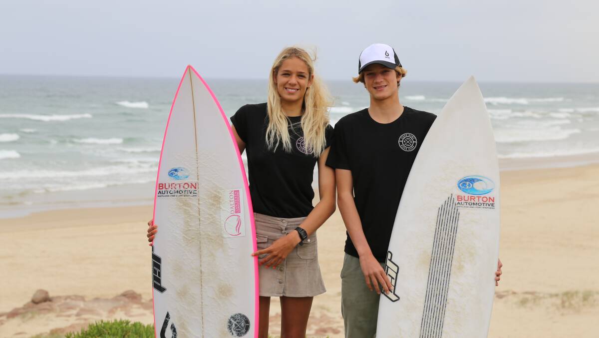 Corlette sibling surfers Elle and Mike Clayton-Brown, aged 16 and 15. Picture: Ellie-Marie Watts