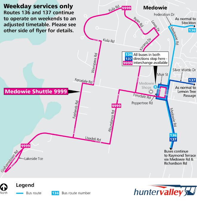 A map of Hunter Valley Buses weekday public service. A shuttle service will operate during the Grahamstown Road closure to ensure it has minimal impact on the schedule.