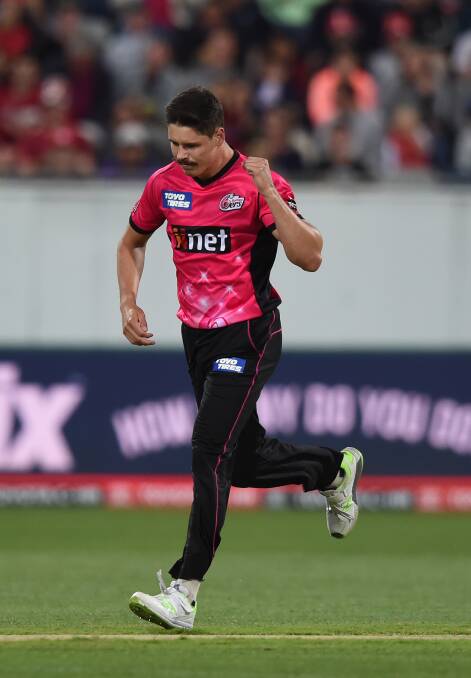 Ben Dwarshuis reacts after bowling out Marcus Harris of the Renegades during the Big Bash League match between the Melbourne Renegades and the Sydney Sixers in Geelong in January 2018. Picture: AAP Image/Mal Fairclough
