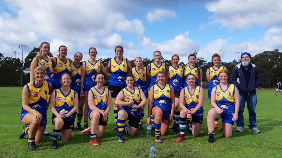 The Nelson Bay-Port Stephens women's AFL team on July 4. Picure: Facebook/Nelson Bay Marlins AFL Club