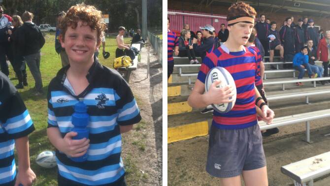 Left is Dempsey kitted up for the Nelson Bay Junior Gropers and right, in his St Joseph's College rugby uniform.
