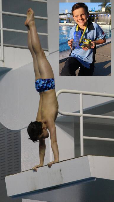 MEDAL WINNER: Medowie's pint-sized diver Joshua Lee on the platform and (inset) with his three gold medals.