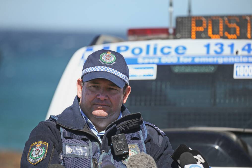 TRAGIC: Port Stephens police sergeant Ian Allwood addressing media in Anna Bay on Saturday. Picture: Marina Neil