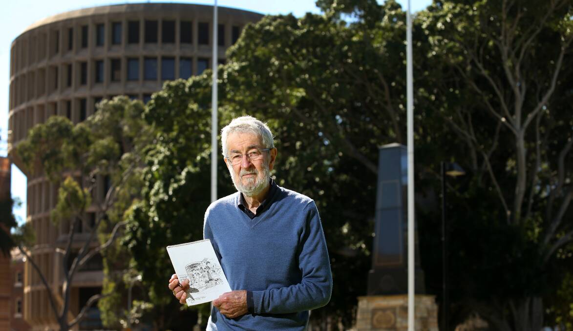Brian Suters outside the Newcastle City Council administration building, which he was at the forefront of designing. Picture: Marina Neil