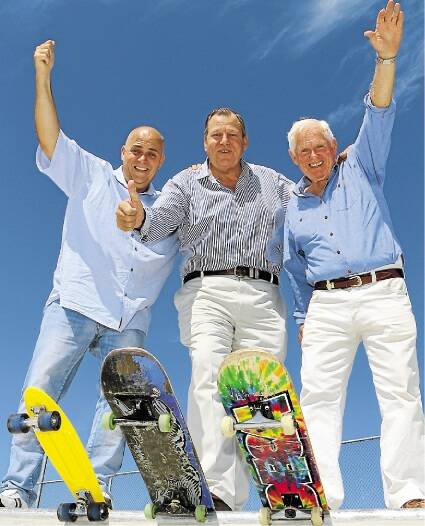 THUMBS UP: Paterson MP Bob Baldwin gave Port Stephens Council a glowing endorsement in parliament on Monday night. He's pictured here with Cr Ken Jordan and the Mayor Bruce MacKenzie at a skate park opening. Picture: Stephen Wark