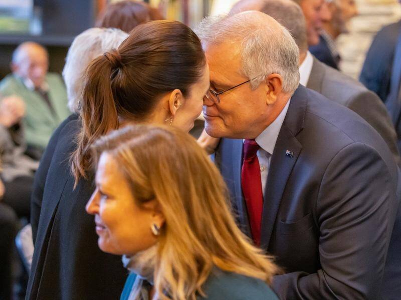 New Zealand's leader Jacinda Ardern welcomed Scott Morrison to the country with a hongi greeting.