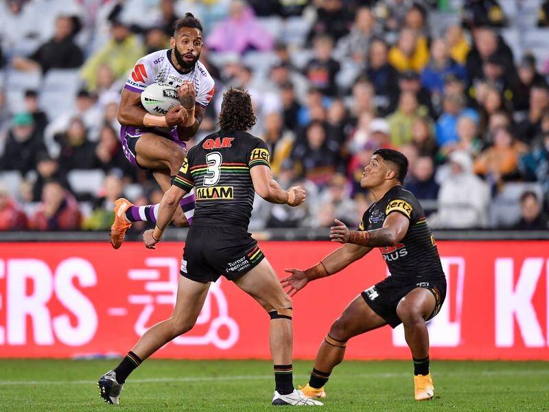 Melbourne's Josh Addo-Carr takes a high ball in the NRL grand final against Penrith.