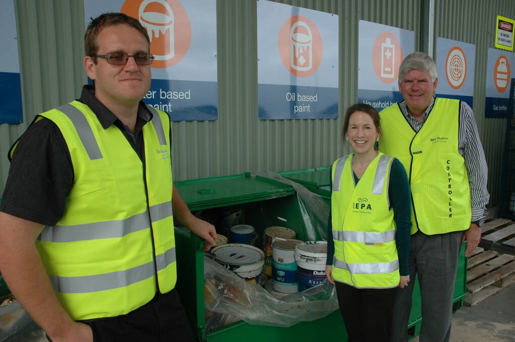 OPENED: Waste management co-ordinator Aaron Malloy, EPA senior project officer Catherine Baird and Port Stephens MP Craig Baumann at the opening of a new chemical disposal site at the Salamander Bay Waste Transfer Station. Picture: Ellie-Marie Watts