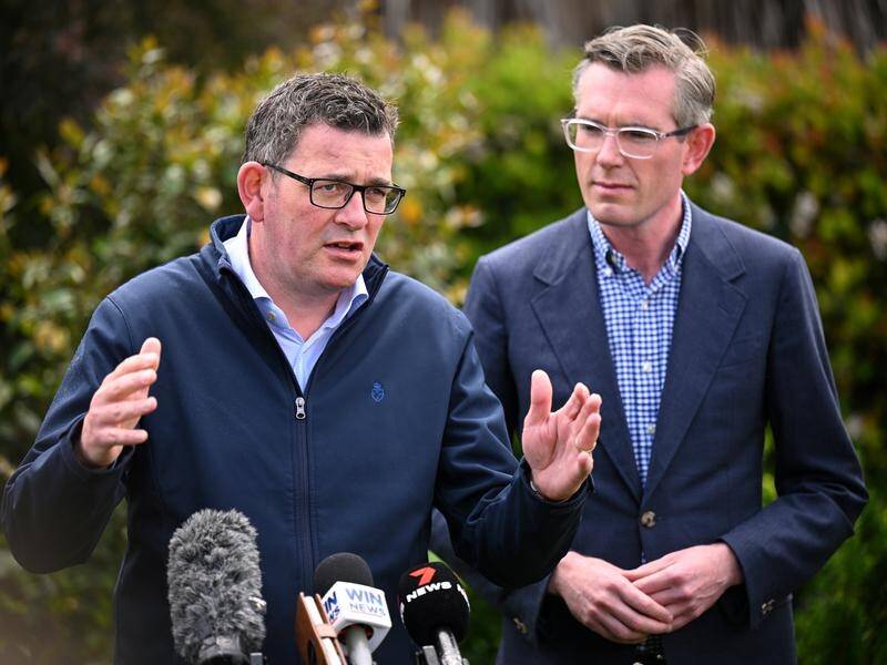 Victorian Premier Daniel Andrews and NSW Premier Dominic Perrottet at Albury Base Hospital. (James Ross/AAP PHOTOS)