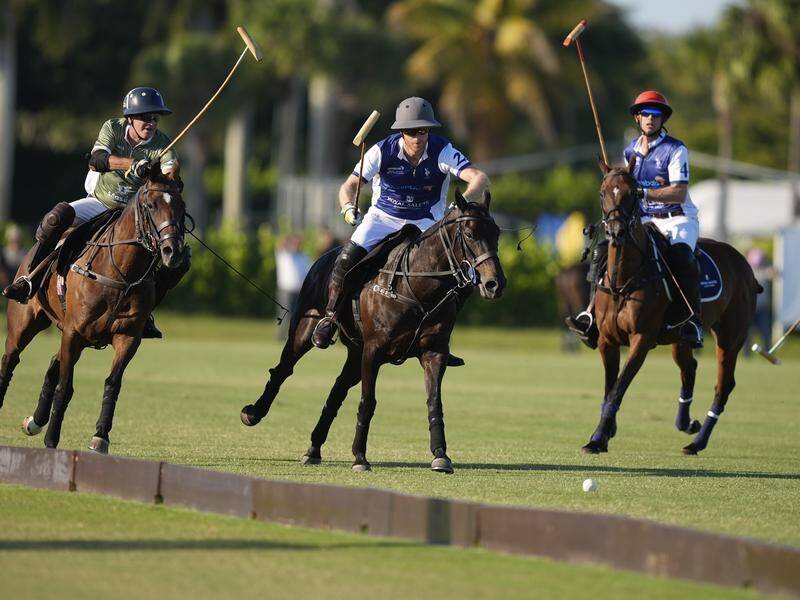 Prince Harry has scored a goal in a charity polo match in Florida as his wife Meghan watched on. (AP PHOTO)