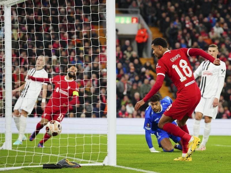 Liverpool's Cody Gakpo scores the Reds' second goal against LASK in their 4-0 Europa League win. (AP PHOTO)