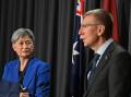 Penny Wong (left) and Latvian counterpart Edgars Rinkevics held wide-ranging talks in Canberra. (Mick Tsikas/AAP PHOTOS)