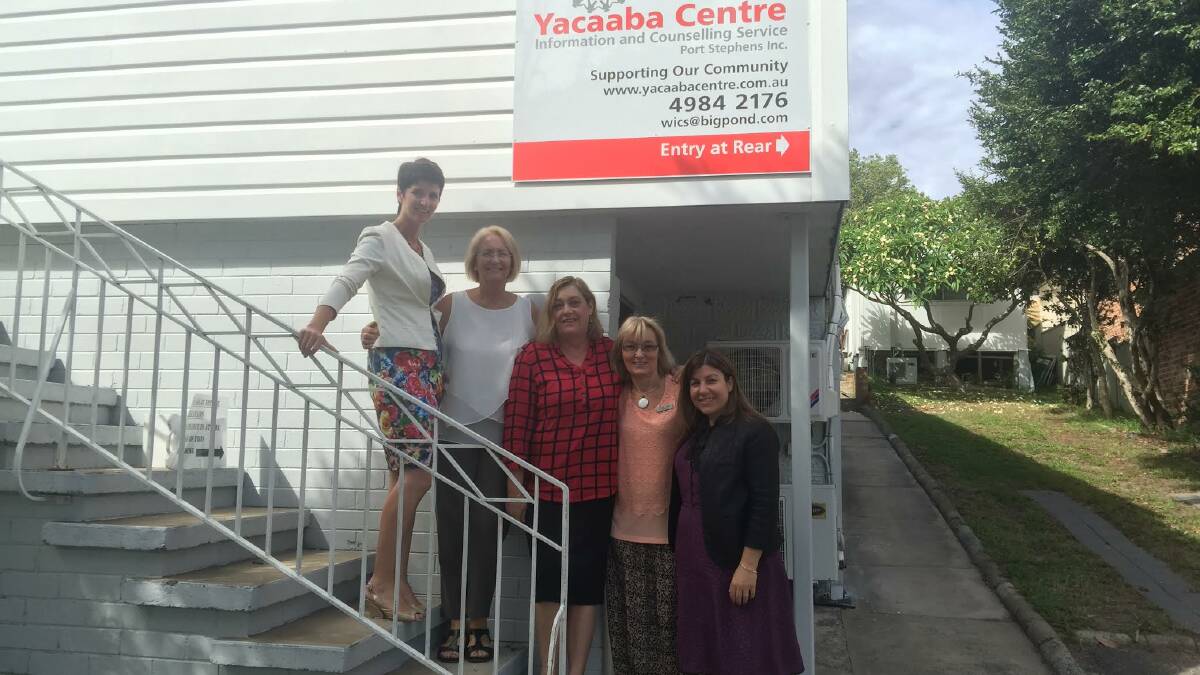 FUNDS: Labor candidate for Port Stephens, left, with Yacaaba Centre staff and, end right, Sophie Cotsis, the Shadow Minister for the Status of Women. Picture: Supplied.