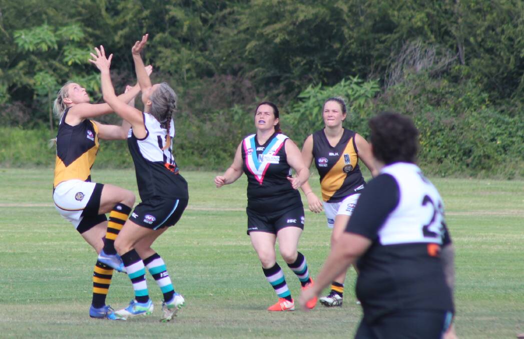 EYES UPWARD: Port Stephens Power clashed with the Gosford Tigers at Ferodale Park last weekend in the Black Diamond Women's AFL. Picture: Isaac McIntyre