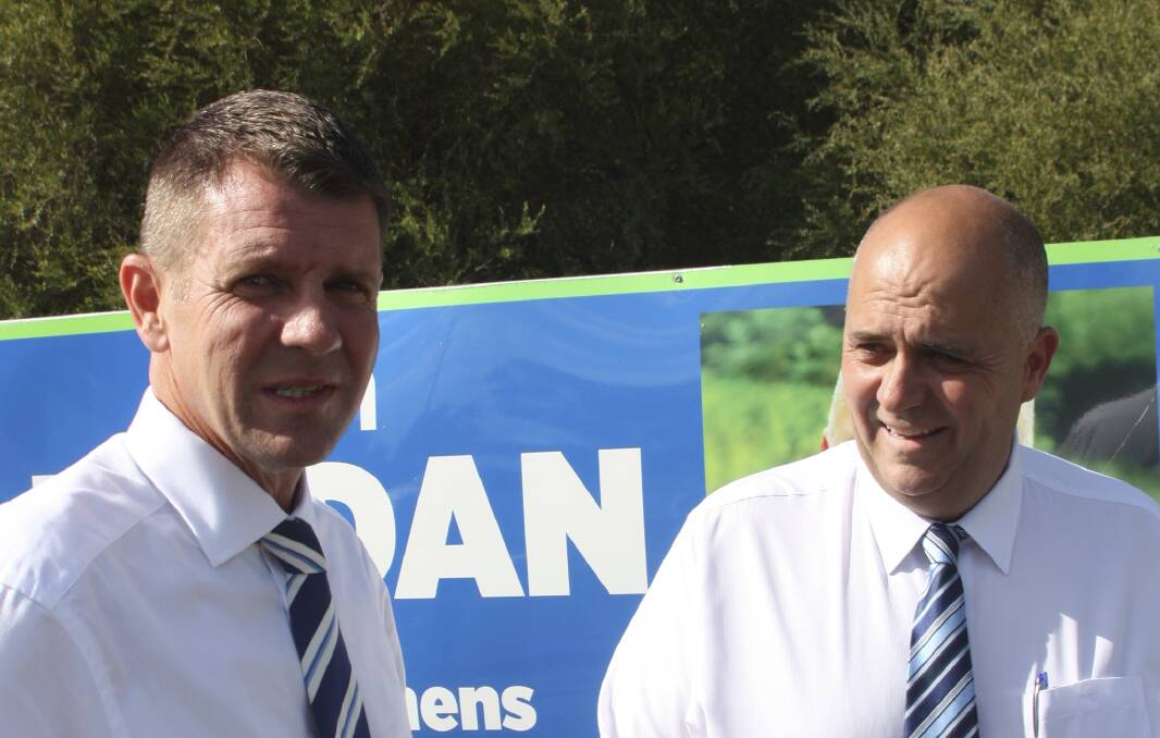 Last-minute promise: NSW Premier Mike Baird with Liberal candidate for Port Stephens Ken Jordan in 2015.