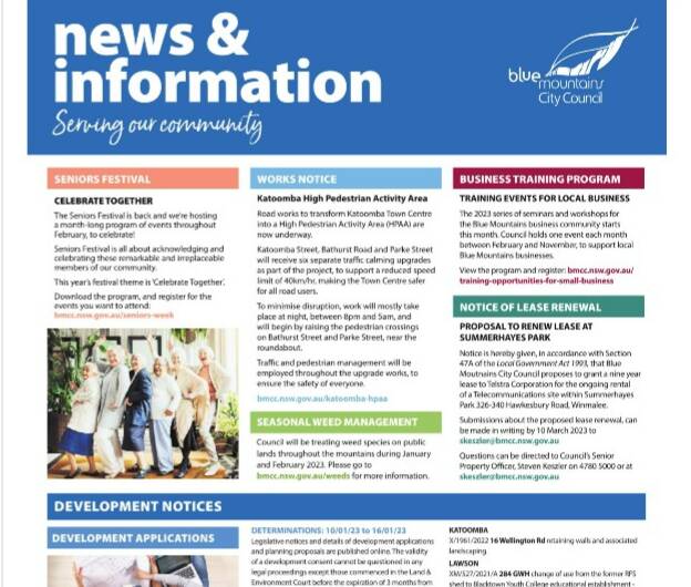 Blue Mountains City Council continues to keep ratepayers informed about community activities through regular notices in the local paper, the Blue Mountains Gazette.