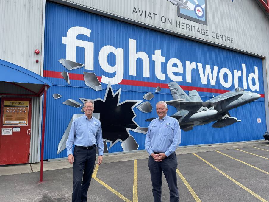 Fighter World general manager Bernie Nebenfuhr and vice president Dick Coleman at the Aviation Heritage Centre at Williamtown, NSW. Picture by Alanna Tomazin