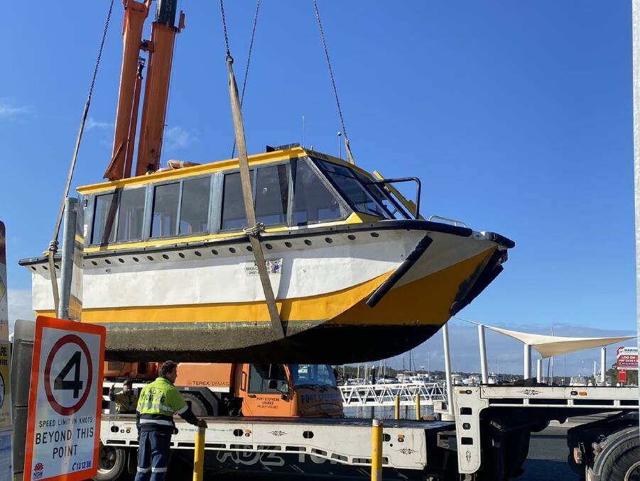The Koala ferry being taken out of the water for repairs in August 2022. Photo Koala Ferries and Water Taxi Service Facebook page