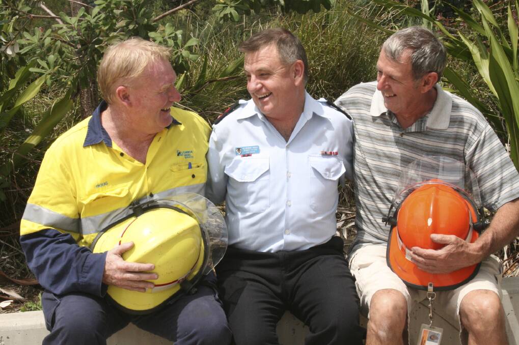 SHIFT'S OVER: Dave Davies, Dennis Peters and Doug Foley at the Raymond Terrace Fire Station. Picture: Sarah Price